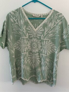 Soft Surroundings Sage Green Embroidered V-Neck Tunic Top